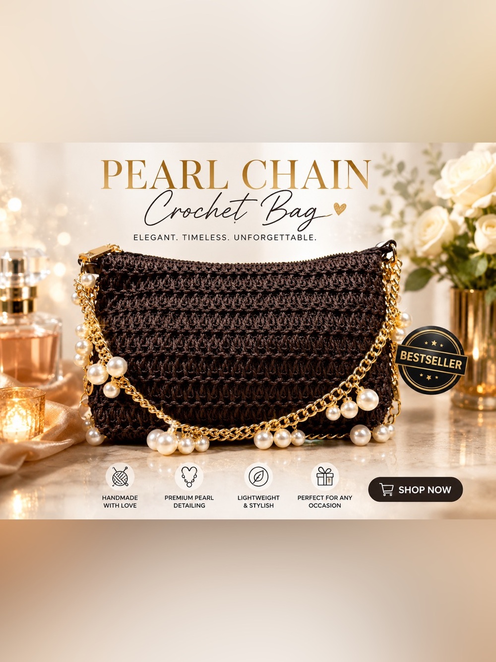 Brown Woven Clutch with Gold Chain and Pearl Accents